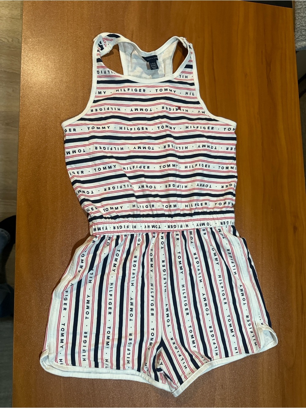 Tommy‎ Hilfiger Girls Striped Sleeveless Romper Size L 12/14 Red White Blue Logo